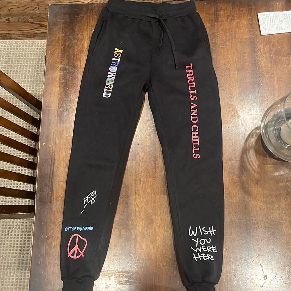 Travis Scott jogger pants. Astroworld design. Selling because they don’t fit me
